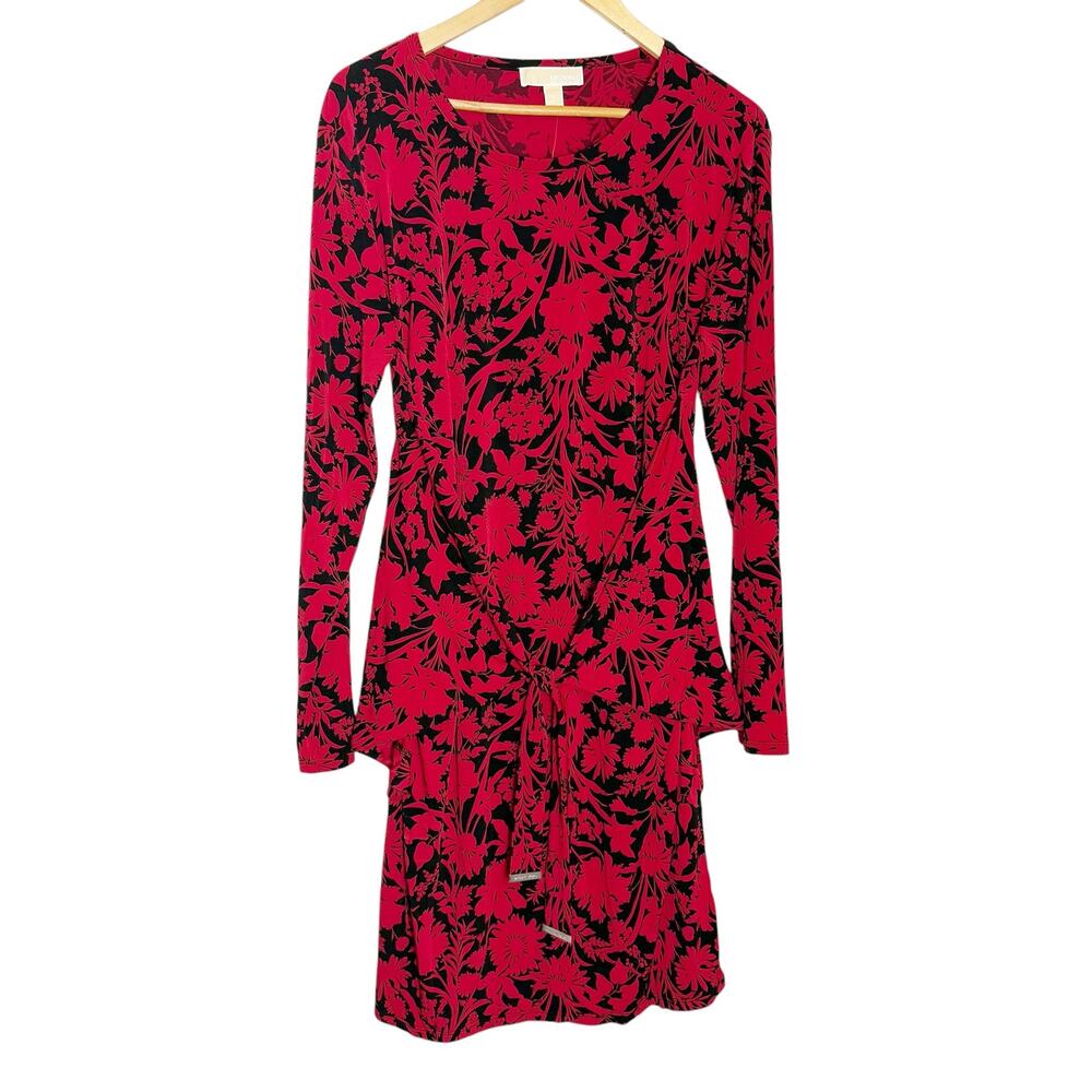 MICHAEL Michael Kors Red Black Floral Print Long Sleeve Tie Waist Dress Size XL